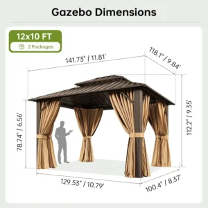 10x12FT Hardtop Gazebo Brown | Permanent Outdoor Pergola with Double Galvanized Steel Roof and Curtains and Netting, Customized